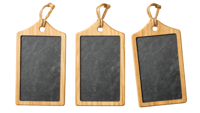 Three wooden slate tags with hanging twine, designed for labeling or decorative purposes.