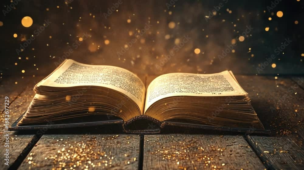 Poster open book with magical light and glittering particles on a rustic wooden table creating an enchanted