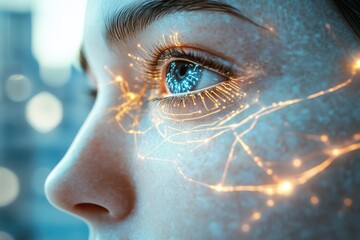 Close-up of a woman's eye with glowing neural network patterns overlaid, futuristic concept.