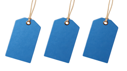 Three blue tags with strings, suitable for labeling or pricing items.