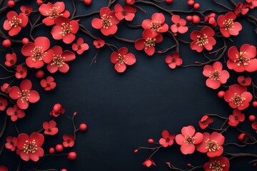 Vibrant red flowers adorn a black background to celebrate the joy of Chinese New Year traditions and festivities