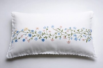 White pillow with delicate embroidered floral border, pastel colors, elegant and simple design.