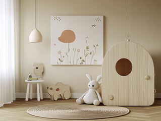Child's cozy playroom with wooden decor and gentle colors for imaginative adventures