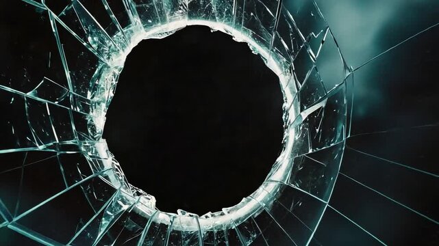 Close-up of Shattered Glass with Jagged Edges Creating a Hole in a Dark Background, Symbolizing Damage and Destruction in a Vulnerable Environment