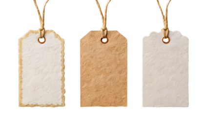 Three blank tags with different textures and colors, each featuring a hole for string attachment, ideal for labeling or decoration purposes.
