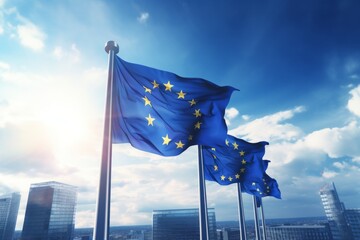 Blue flags of european union waving on skyscraper background