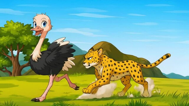 A playful scene of an ostrich and a cheetah running together across the open plains. The cartoon-style ostrich appears cheerful and energetic, while the cheetah trots confidently beside it