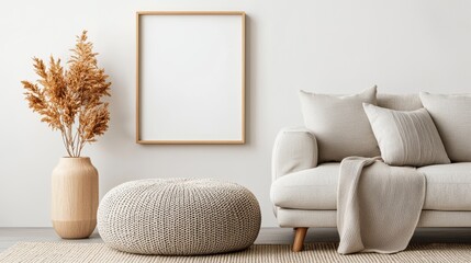 A serene and inviting living room with a minimalist Scandinavian inspired design featuring neutral colors natural textures and soothing decor elements