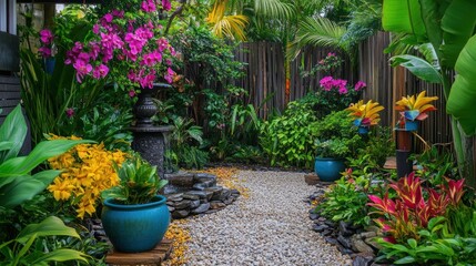Tropical garden path with flowers and plants