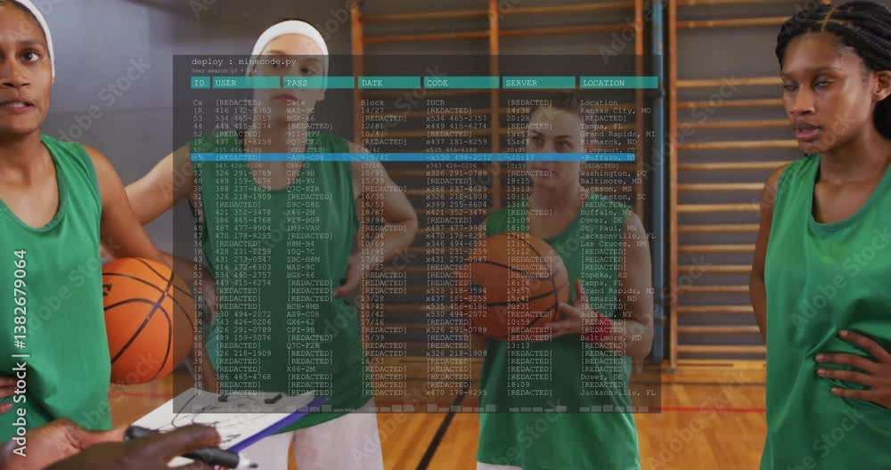 Poster basketball players in gym with data processing animation overlaying scene