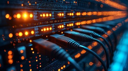 Data processing event server room technology infrastructure digital environment close-up viewpoint network concept