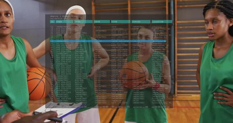 Basketball players in gym with data processing animation overlaying scene - Powered by Adobe