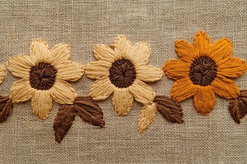 Fototapeta premium Embroidered sunflowers with brown leaves on beige linen fabric, showcasing detailed needlework.