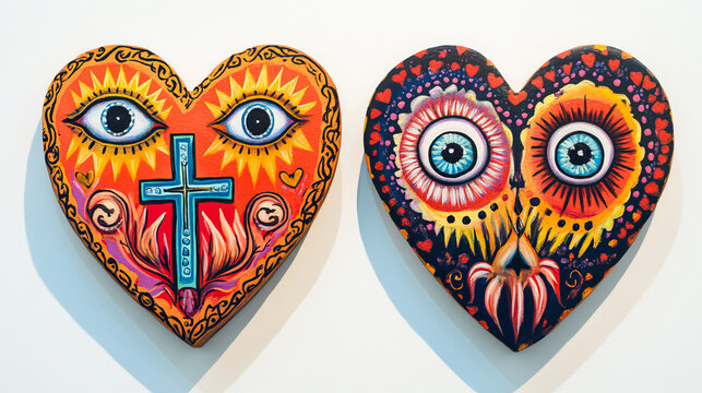 Mexican sacred hearts collection with eyes, crosses and flames on top. Decorative folk art design set. Catholic traditional religious symbols. Latin American cultural motifs for Valentine day cards.