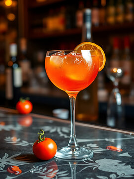 Tomato sprits cocktail on bar counter table. Refreshing Twist classic cocktail with Tomatoes, Aperol, Proseco and soda top, close-up