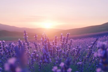 Fototapeta premium Lavender field at sunset, purple flowers bathed in golden light, serene nature landscape.