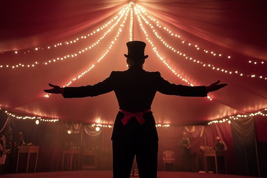 Back view of circus ringmaster in circus tent with lights