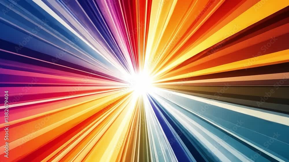 Poster colorful burst of light rays radiating from center in dynamic gradient design for vibrant background