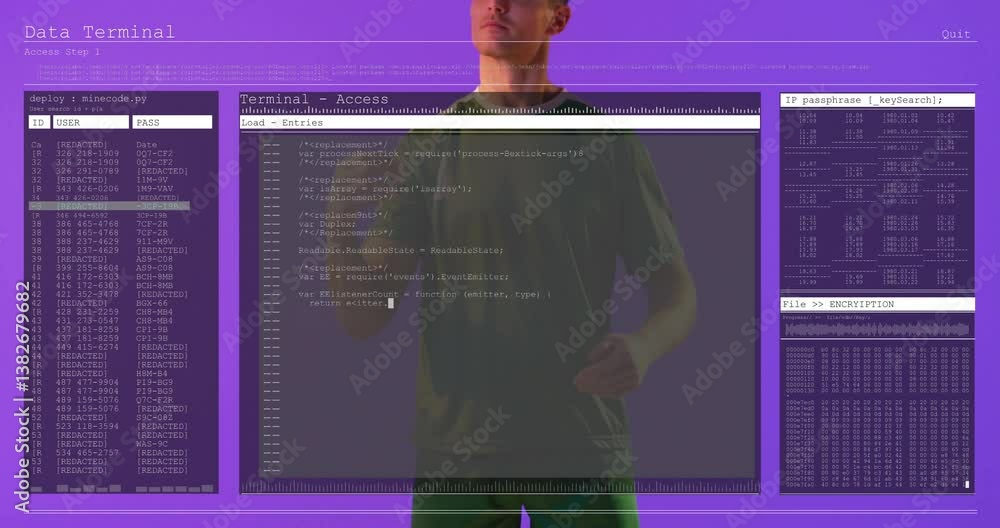 Poster using transparent code terminal, person standing on purple background with animation