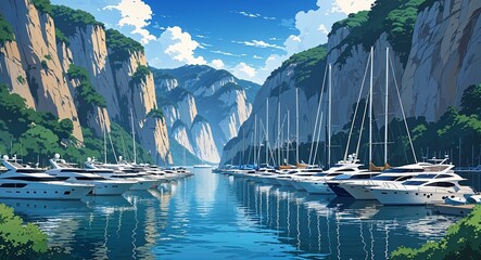 Calm bay with yachts docked at harbor surrounded by steep hillsides anime cartoon style illustration artwork design background