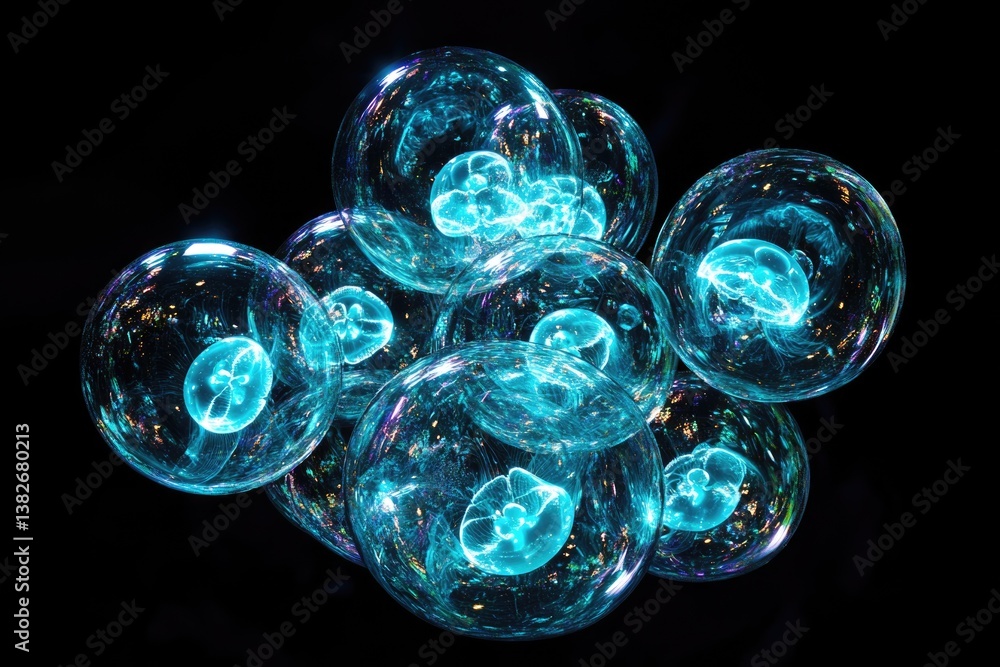 Aufkleber glowing jellyfish-like forms trapped within iridescent bubbles, a mesmerizing abstract composition.