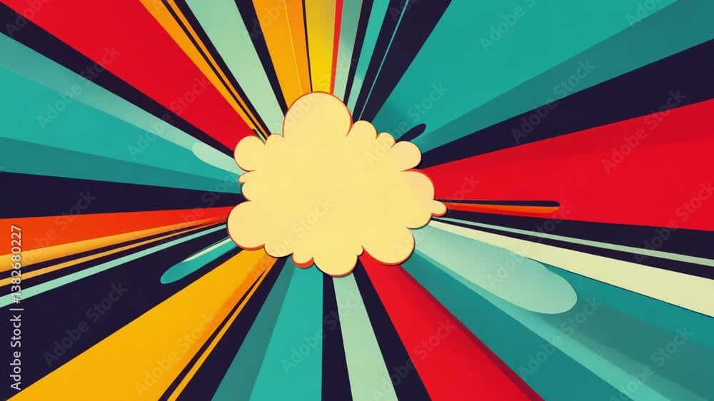 Poster vibrant abstract explosion of colors with whimsical clouds and dynamic rays creating an energetic an