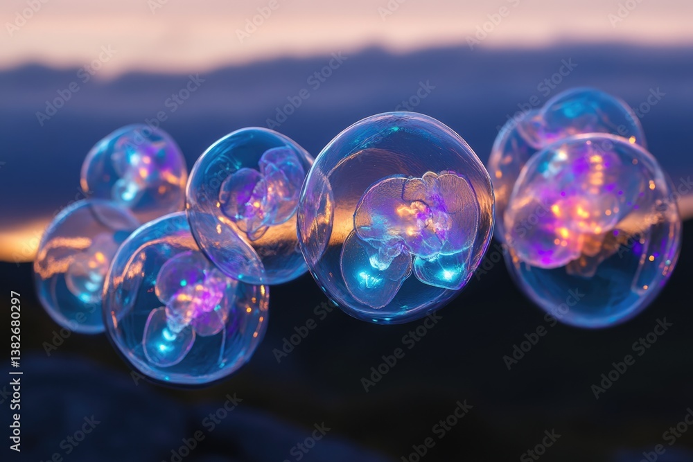 Aufkleber glowing orbs containing ethereal flowers float against a twilight sky, creating a surreal and dreaml