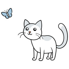 Obraz premium Adorable Cat and Butterfly Line Art Cute Cartoon Kitty Illustration, Minimalist Black and White Drawing, Simple Animal Sketch