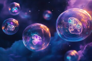 Fototapeta premium Glowing jellyfish trapped inside vibrant, cosmic bubbles float in a nebula.