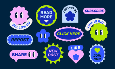 Social media vector groovy stickers set. Call to action buttons design. Lower third icon illustrations