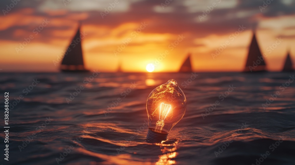 Poster a broken lightbulb still glowing, floating in the ocean at sunset, with blurred sailboats in the bac