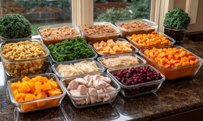 Fototapeta premium A festive meal with roasted turkey, pumpkin, shaved kale, sweet potato casserole, and fresh cranberries. Perfect for Thanksgiving or holiday celebrations.