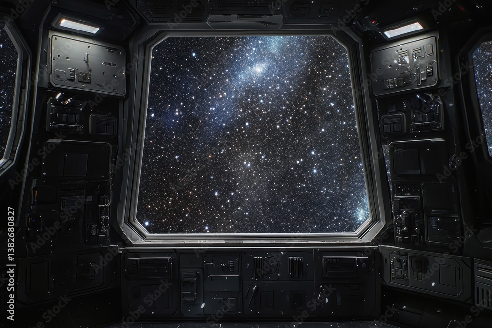 Poster view of a galaxy from a futuristic spacecraft window in deep space