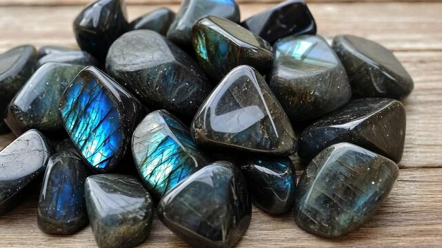 Beautiful collection of polished labradorite stones showcasing vibrant blue iridescence on a wooden surface