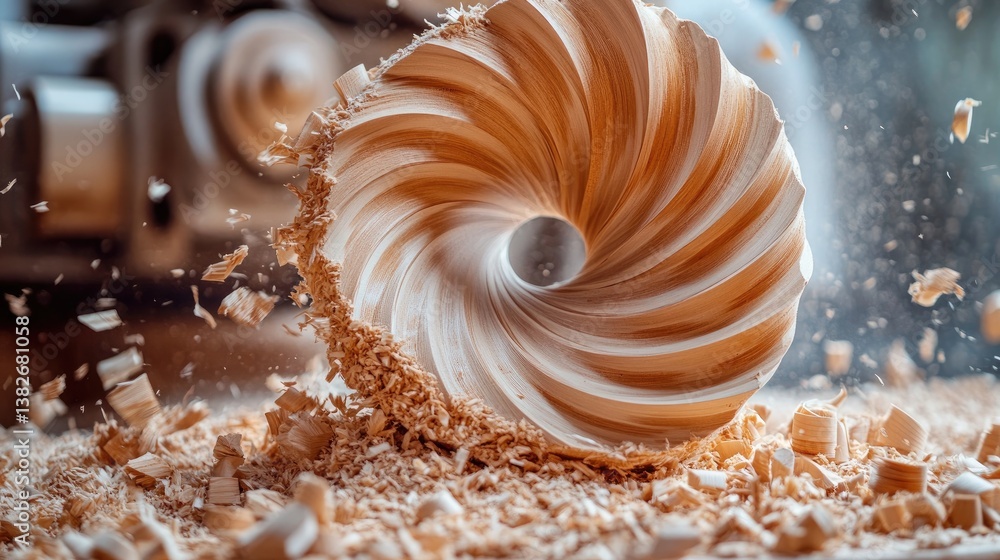 Poster a carpenter focuses intently on a lathe as wood chips fly in all directions, capturing the beauty of