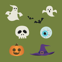 Big set of Halloween greeting card and poster, party sign. Vector icon and cartoon element collection of pumpkins, ghost, bat and eyeball.