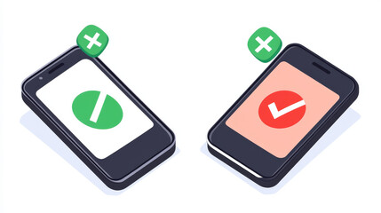 Smartphone icons with red and green screens isolated on white background. Vector cartoon illustration of modern phone turned vertical and horizontal, cross and tick signs, use of mobile application