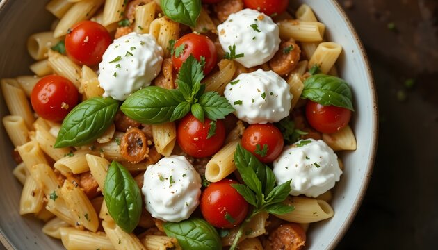 Penne Pasta with Cherry Tomatoes, Ricotta, and Fresh Basil