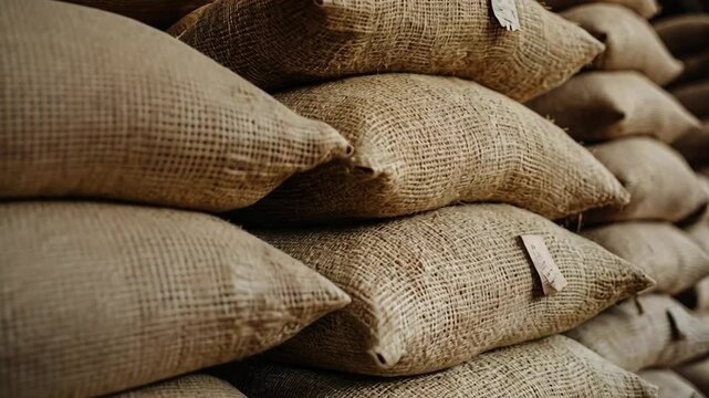 Rows of Brown Burlap Sacks Stacked Neatly in a Large Warehouse with Soft Natural Lighting Highlighting the Texture and Material of the Bags