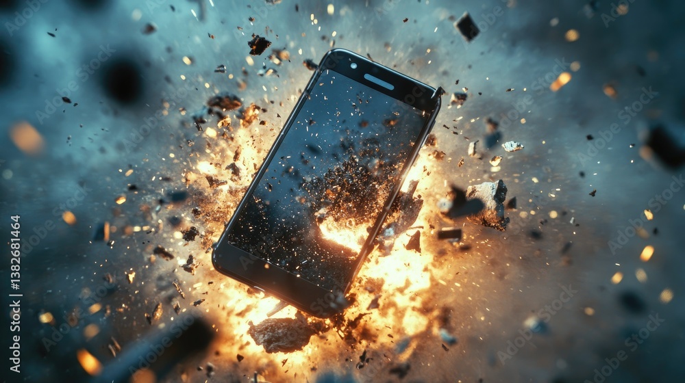 Poster A close-up of a smartphone exploding into fragments, surrounded by flying debris, symbolizing the destructive side of cutting-edge technology