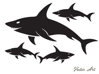 Black shark silhouette collection, set of shark silhouette vector illustration on a white background