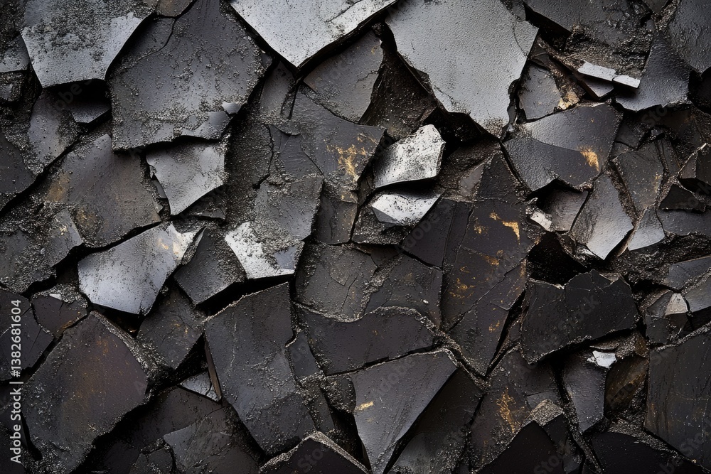 Poster a close-up view of dark, fragmented rocks, exhibiting sharp edges and textured surfaces.