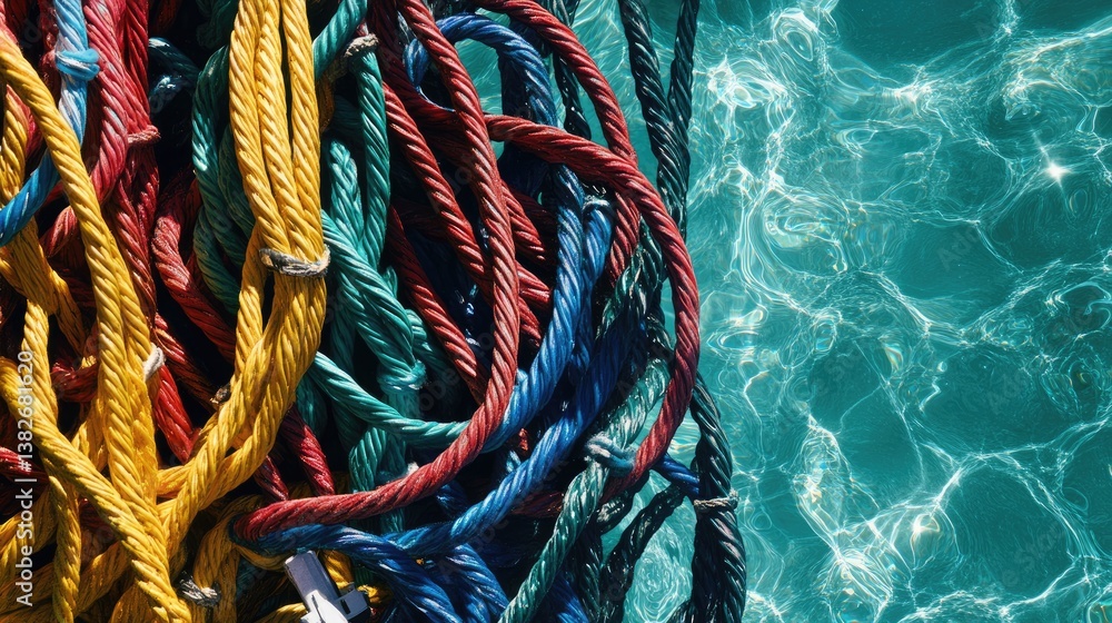 Poster a close-up of a tangled sea of cables in various vibrant colors, against a backdrop of clear turquoi