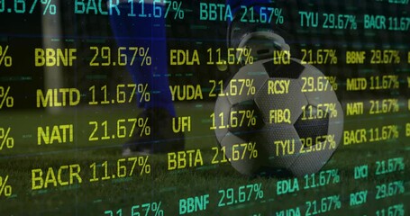 Overlaying stock market data in vibrant colors, soccer ball on grass - Powered by Adobe