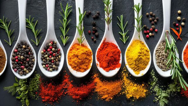 Various spices are arranged in white spoons on a dark surface, showcasing vibrant colors and textures, perfect for cooking enthusiasts