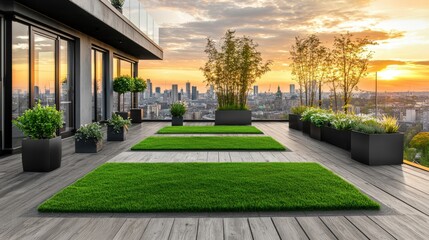 Obraz premium Serene rooftop garden with lush greenery modern architecture and breathtaking city skyline view against a warm vibrant sunset sky Luxury residential property perfect for relaxation and investment
