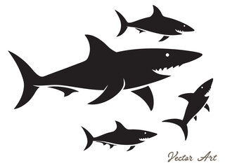 Black shark silhouette collection, set of shark silhouette vector illustration on a white background