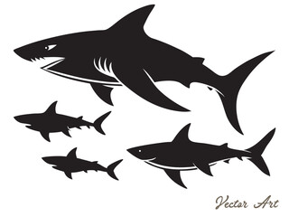 Black shark silhouette collection, set of shark silhouette vector illustration on a white background