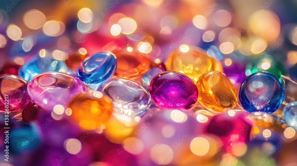 Poster A close-up of colorful glass droplets, reflecting light and adding depth to an abstract composition, set against a blurred, vibrant background for an artistic effect