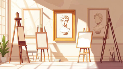 Art studio posters with canvas on easel, brushes and bust. Vector banners of artist class, workshop for painters with cartoon illustration of wooden easel, empty frames and portrait